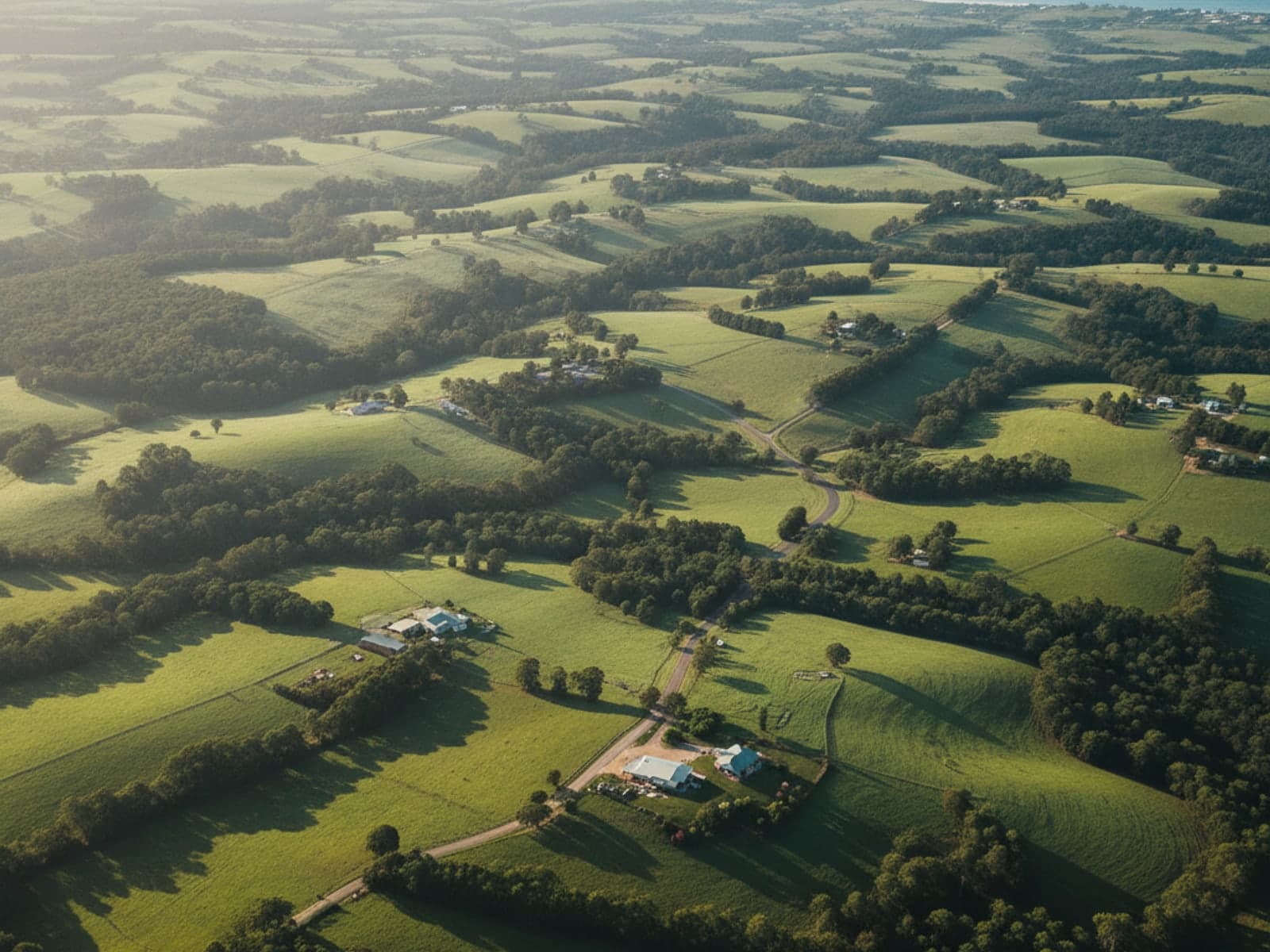 Aerial view over green rural land parcels in the Northern Rivers of New South Wales